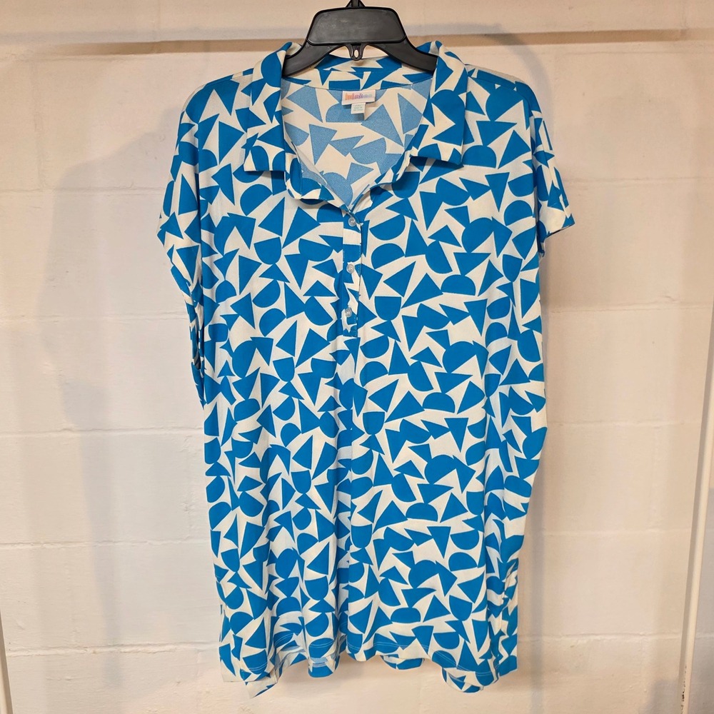 LuLaRoe Blue White Geometric Cori Tunic Top Short Sleeve 2XL Collared Retro